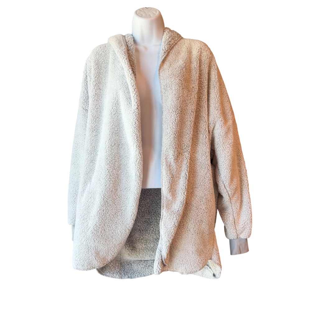 Joyspun Sherpa Hooded Open Front Cardigan Robe Jacket Gray Large 12 14